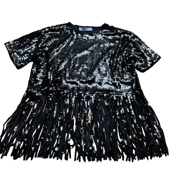 Zara Knit Size S Black Round Neck Short Sleeve Sequin Fringe Hem Top NWT - Picture 11 of 16